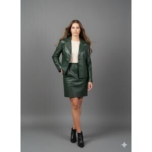 Vintage Siena Green Leather Suit with Skirt-- Statement Retro Tailored Set